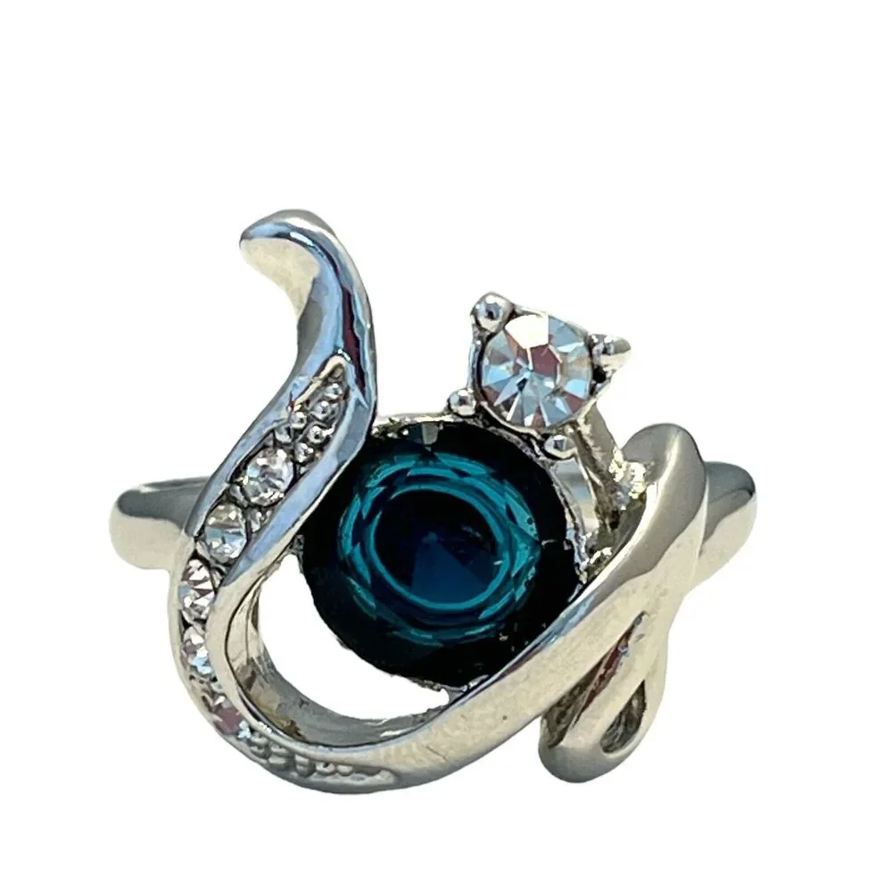 Vintage 1980s Blue Glass Ring Rhinestone Accents Silver Tone Size 7 - 5Z